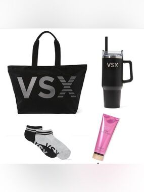 VSX Black Tote Bundle with Black Tumbler, Black & Gray Socks and Pink Lotion